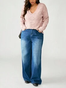 EMERY ROSE Suéter de manga larga de unicolor romántico y ajustado para mujer de talla grande