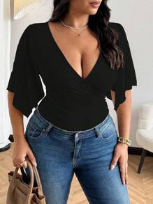 Vionelle 优雅性感交叉V领短袖T恤女夏季有图案性感腰部修剪小众短袖T恤 - 黑色 - 查看 7