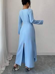 Elenzga Vestido de manga larga con cuello redondo, cintura fruncida y bajo con abertura, elegante y casual para vacaciones, primavera/otoño