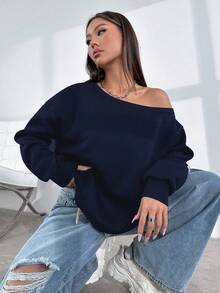 Flirla Women's Casual Everyday Solid Color Asymmetrical Neck Loose Pullover Sweatshirt Fall Cloth For Women - Navy Blue - View 5