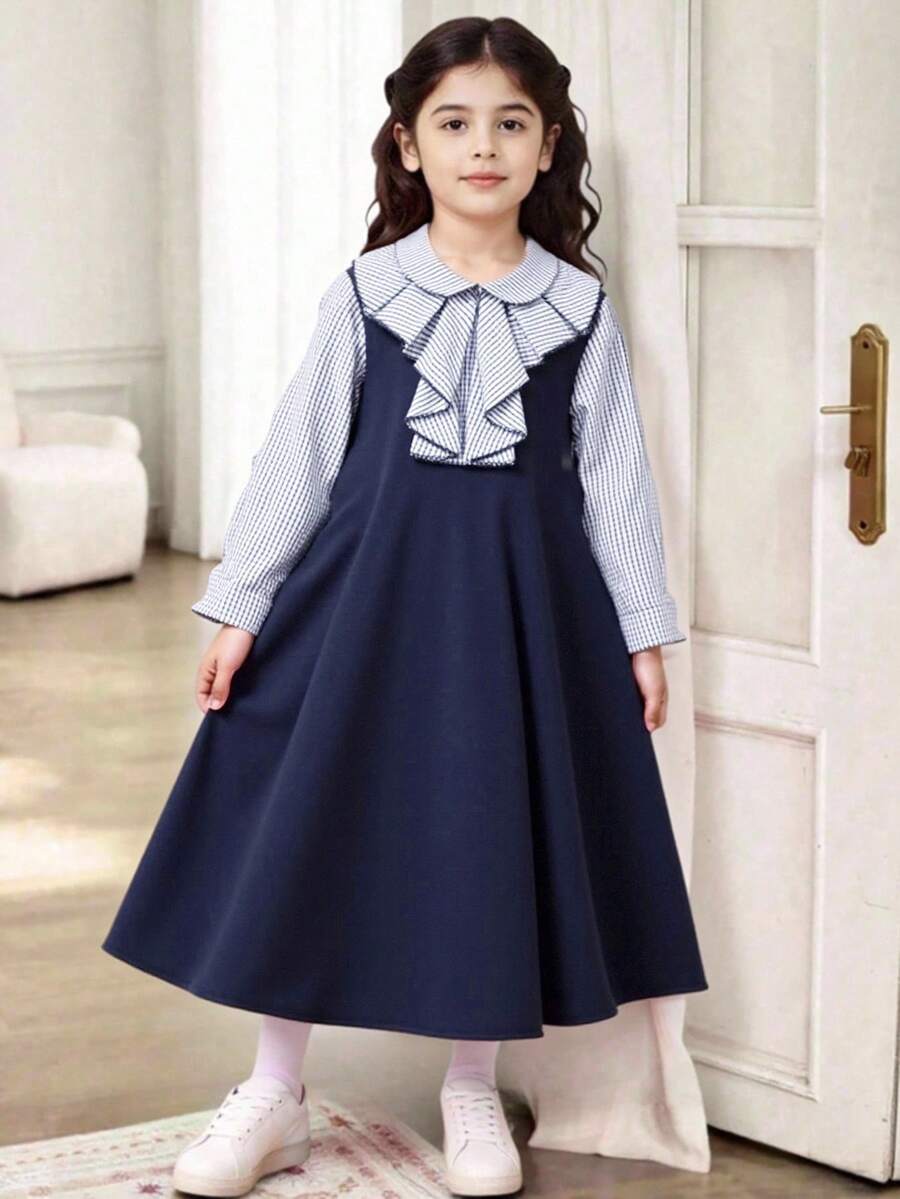 Young Girl Ruffled Plaid Print Elegant Long Sleeve Dress - Blue - View 1