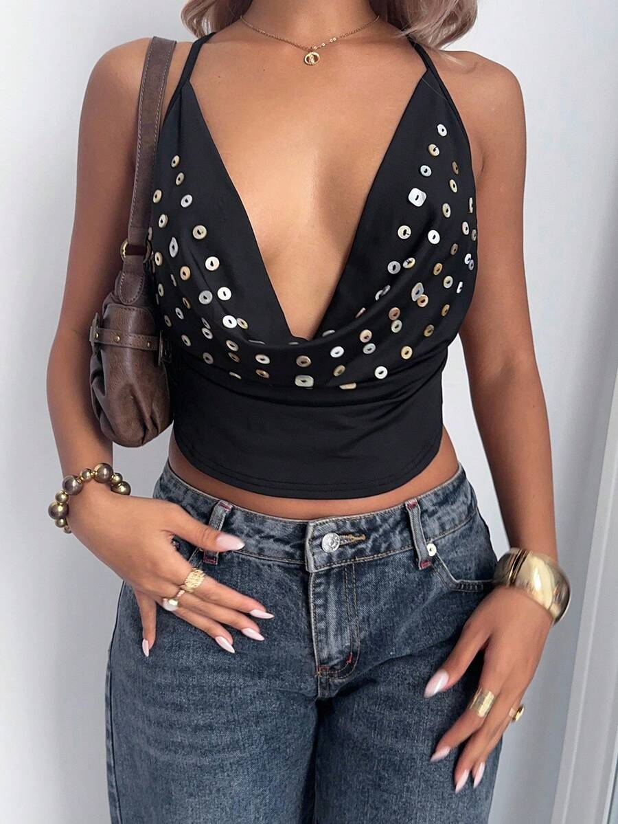 Aloruh Regata Preta Sexy de Decote em V Profundo com Estampa Minimalista para Sair - Preto - Visão 1