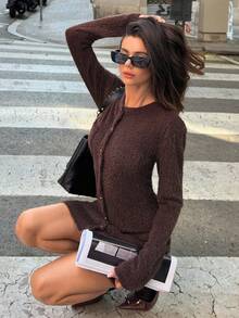 Siren Gaze Fall Clothes For Women Autumn Outfits For Women Elegant Brown Fuzzy Bodycon Dress, Women's 2025 New Autumn/Winter Warm Luxury Old Money Style Round Neck Front Button Long Sleeve Dress, Casual Daily Going Out Work Commute Business Casual Party Dress