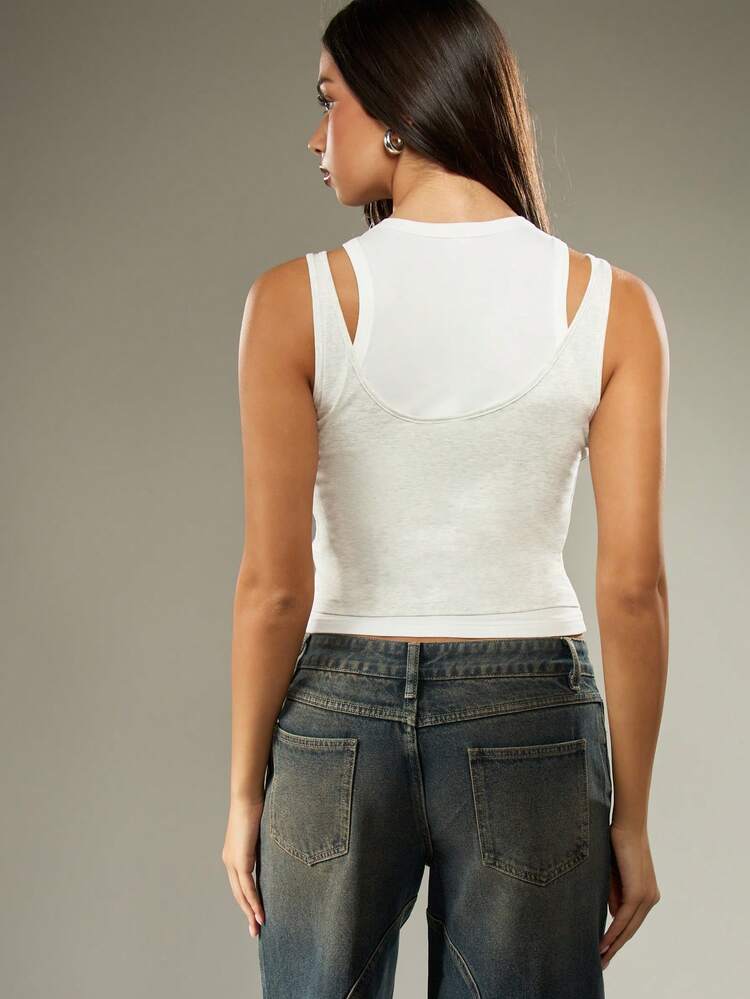 MISSGUIDED Canotta corta a doppio strato senza maniche, collo alto, aderente, look a strati, essenziale moderno di base, canotta corta di moda per l'estate e la primavera, casual per uso quotidiano