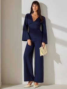 CLARA VERO Women, Autumn, Jumpsuit, Flare Sleeve, Long Length, V Neck, - Dark Grey - View 5