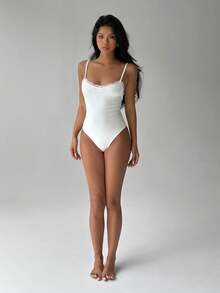 FavEase Black Lace Trim V-Neck Camisole Backless Bodysuit, Fashionable Minimalist Casual Elegant Extremely Soft Comfortable Stretchy Women Summer