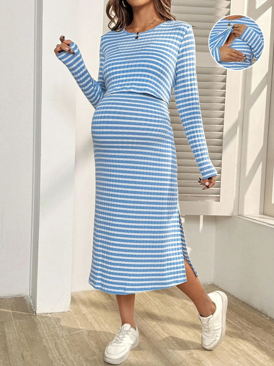 SHEIN 孕妇休闲条纹侧开衩哺乳连衣裙 - 淺藍色 - 查看 1