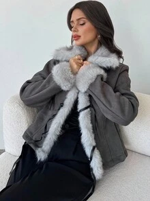 Firerie 女士休闲优雅仿皮草拼布外套/军绿色外套，皮草大衣/女士秋装/女士冬装/毛绒复合外套/秋冬日常出游装/毛绒防寒大衣 - 橄欖綠 - 查看 9