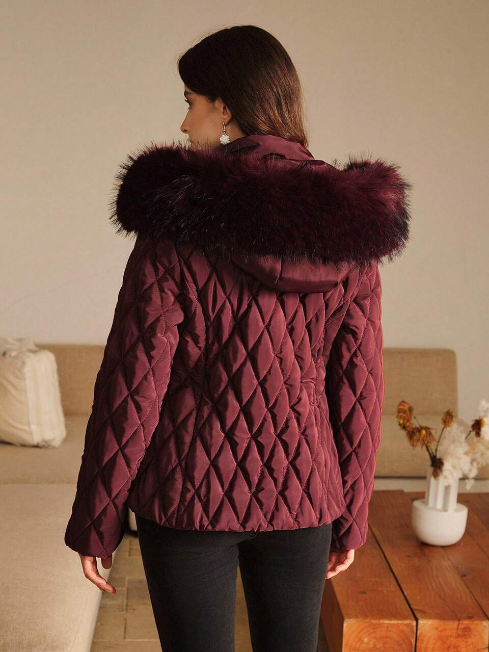 Women's Autumn/Winter Short Fitted Hooded Faux Fur Collar Rhinestone Embellished Burgundy Windbreaker Jacket