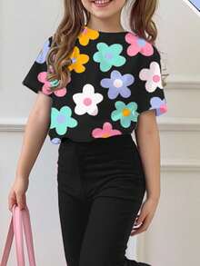 SHEIN Leap Crew 2 pièces Ensemble t-shirt à manches courtes ample avec imprimé floral dopamine et pantalon évasé pour préadolescentes, adapté pour l'été - Multicolore - Voir 3