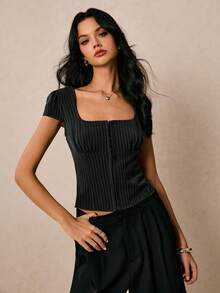 Poéselle 女式上衣 条纹上衣 短袖衬衫 女式衬衫 短款上衣 女式夏季休闲条纹修身上衣 上衣 乡村音乐会 音乐会 女式生日 街头服饰 节日 - 黑色 - 查看 3