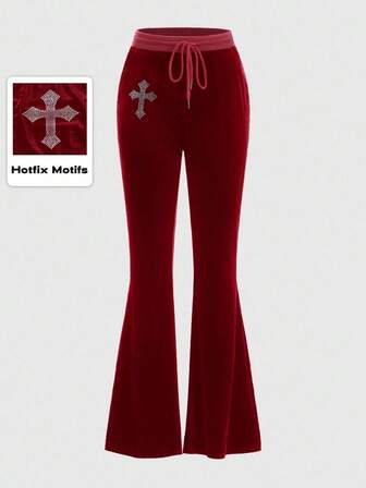 Goth Damen Hose mit Strass-Kreuz-Muster, Tunnelzug Taille und weitem Bein