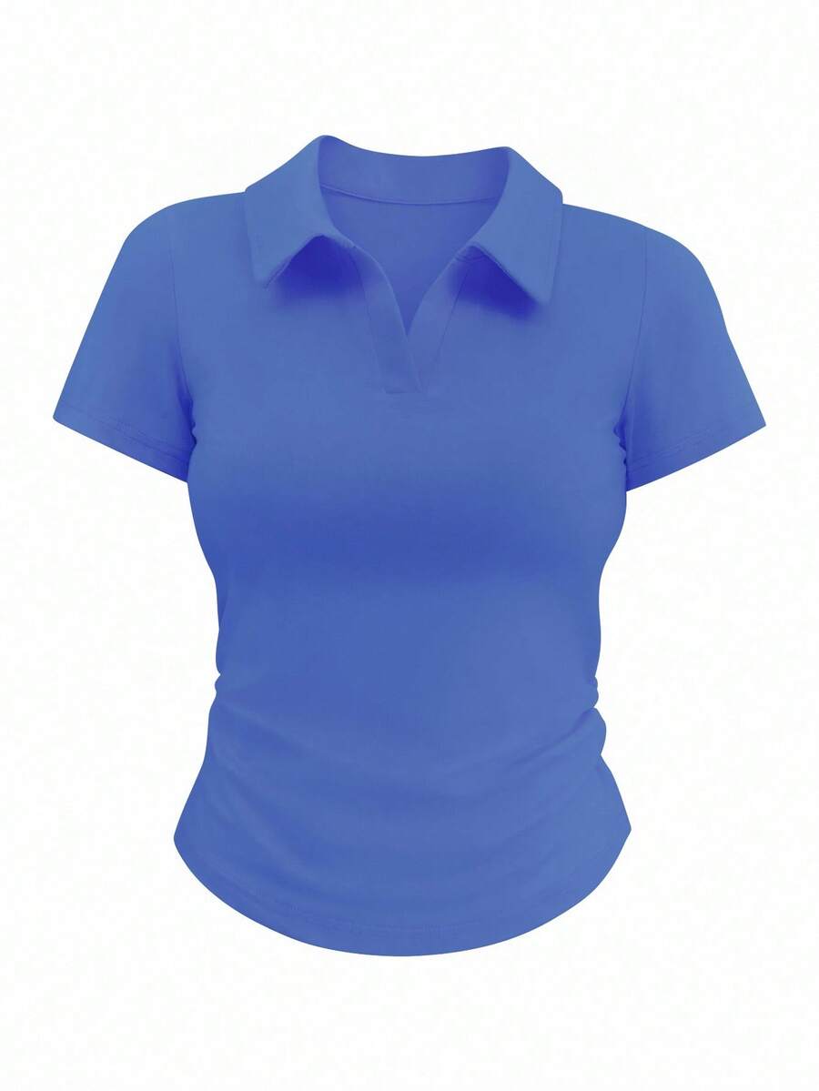 Airaco 女士休闲纯色短袖T恤，夏季 - 寶藍色 - 查看 1