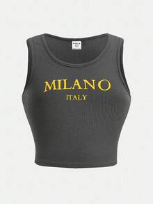 SHEIN 2pcs Tween Girls Letter Graphic Fitted Tank Top And Drawstring Shorts Set 2 Piece Woman Set Pants And Top Set Girl Co Ord Sets 2 Piece Set Teen Milano Italy Set - Dark Grey - View 10