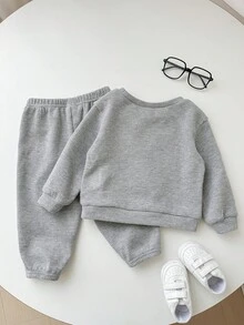 SHEIN 2 件套男婴/女婴可爱灰色 3D 熊卡通印花长袖运动衫和慢跑运动服，男女通用婴儿服装，婴儿冬季服装 - 灰色 - 查看 2