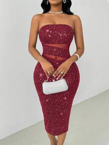 VaVaBold Party Gathering Fitted Bandeau Midi Dresses For Women - Burgundy - View 4