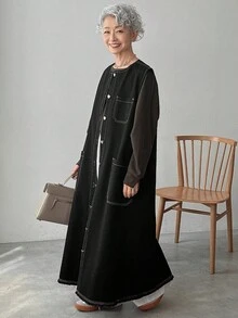 Chaqueta de mezclilla de longitud media con cuello redondo, botones delanteros y sin mangas, de moda para mujer - Negro - Ver 3