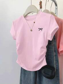 INAWLY 5pcs Women Casual Versatile Fitted Ruched Tee Set, Suitable For Summer Short Sleeve T-Shirt - Multicolor - View 3