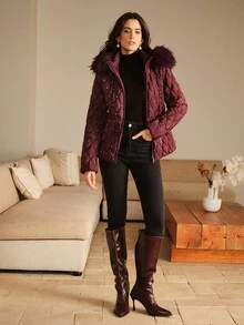 Anewsta 女式秋冬短款修身连帽人造毛领水钻缀饰酒红色风衣夹克 - 酒紅色 - 查看 6