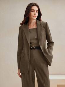 Anewsta 2 件女士优雅梅拉德色西装套装：西装外套 + 直筒裤，适合秋季、外出、正式、派对、时尚、新年、圣诞节、工作、毕业、婚礼 - 棕色 - 查看 4
