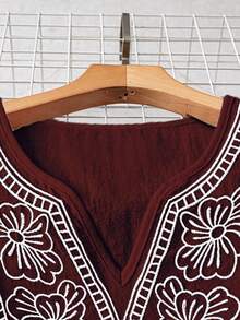 SHEIN LUNE CURVE 女式 V 领刺绣七分袖亚麻衬衫，宽松夏季上衣 - 酒紅色 - 查看 4