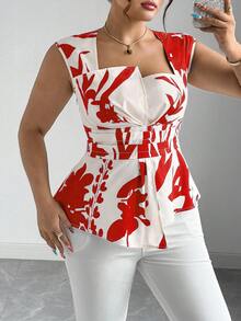 Elenzga Plus Size Women's Woven Digital Placement Print Square Neck Sleeveless Cinched Waist Asymmetric Hem Casual Vacation Romantic Elegant Blouse - Red - View 3