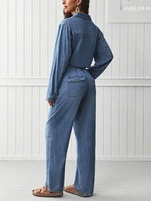 EMERY ROSE 女士休闲通勤洗水牛仔连体裤 - 藍色 - 查看 2