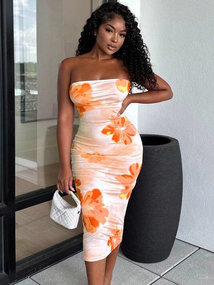 Alexandranx Floral Print Tube Bodycon For Holiday Elegant Hawaiian Date Night Backless Summer Dress