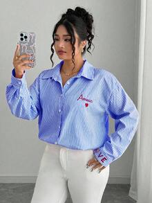 Elenzga 大码女式法式条纹印花和刺绣心形衬衫 - 藍色 - 查看 6