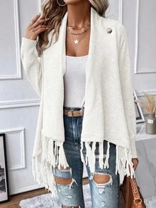 EMERY ROSE Fringe Trim Draped Collar Wrap Cardigan Asymmetrical Sweater Women Dresses Sweaterelegant Sweaterlong Sweaterlong Sleeve Sweater Fall Winter Cloth For Women Fringe Clothing Women Women Long Sleeve Tops Women Sweaters White Fringe Top Tassel Top - White - View 3