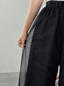 FRIFUL 女士松紧腰条纹阔腿宽松休闲裤 - 灰色 - 查看 4