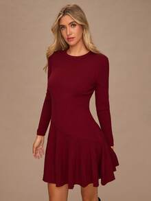 Enchnt Fall/Winter Romantic Women's Red Long Sleeves Knit Dress, Autumn/Winter,Sweet&Elegant&Fashionable For Vacation&Date&Holiday&Graduation&Wedding Guest&Office&Going Out&Halloween&Christmas,Back To School,Autumn Clothes - Burgundy - View 4