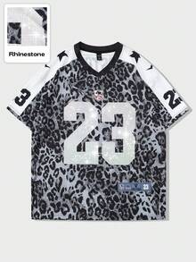 ROMWE MEN Prep 男士街头嘻哈美国城市名称标语印花复古动物图案豹纹背景运动短袖T恤，适合春夏季日常穿着 - 灰色 - 查看 1