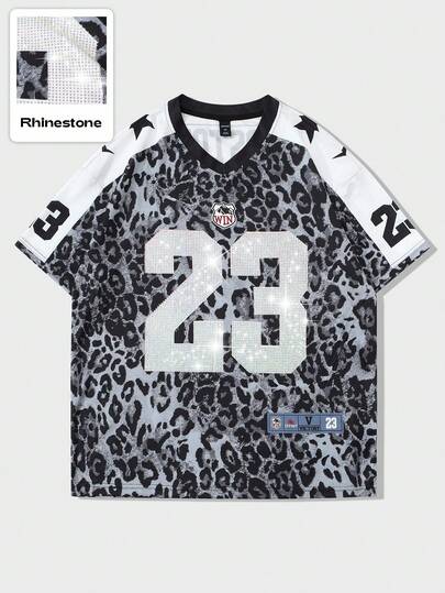 Prep Camiseta de manga corta con estampado vintage de animal, patrón de leopardo y eslogan de nombre de ciudad estadounidense, estilo urbano y hip hop, adecuada para uso diario en primavera/verano