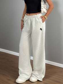 SHEIN Teen Girls Casual Loose Fit Low Waist Elastic Waistband Wide Leg Sweatpants, Versatile For Spring, Summer, Autumn, Winter Fall - Light Grey - View 2