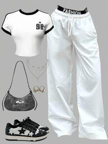 Girlism Tween Girls 运动街头服饰套装 - 复古美式撞色短袖 T 恤和休闲阔腿裤套装，返校装 - 黑與白 - 查看 3