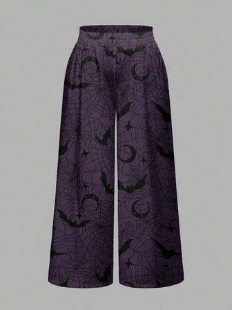 Plus Size Gothic Bat Wing, Sun, Moon, Star & Spider Web All-Over Print Loose Wide Leg Pants, Halloween