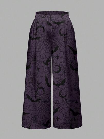 Plus Size Gothic Bat Wing, Sun, Moon, Star & Spider Web All-Over Print Loose Wide Leg Pants, Halloween
