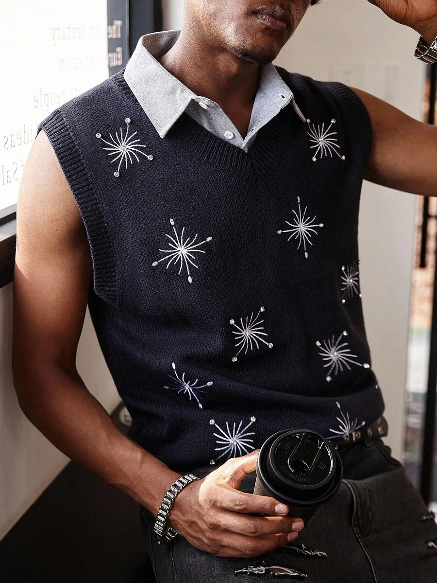 Manfinity EMRG Men's Snowflake Pattern V-Neck Casual Knitted Vest, Autumn - Multicolor - View 1