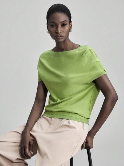 Ontre 2025 Autumn Women's Clothing, School Uniform, Rural Style Clothing, Solid Color Minimalist Daily Short Sleeve Knit Top, Casual Outerwear