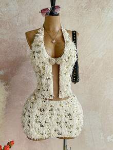 Soleia 新款针织毛绒亮片露背系带上衣 + 低腰迷你裙，适合派对、约会、情人节、复活节、狂欢节、下午茶、海滩邮轮度假、城市街头度假、秋冬分层、波西米亚风、波西米亚风、浪漫花卉、度假、花卉 - 米色 - 查看 1