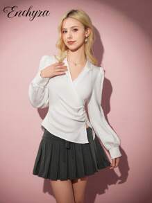 少女休闲优雅百搭白色长袖不对称领衬衫，春秋装 - 白色 - 查看 6