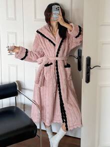 DAZY Women's Textured Fleece Patchwork Hooded Robe, Winter, Fall Fluffy Pajama, Cozy - Pink - View 10