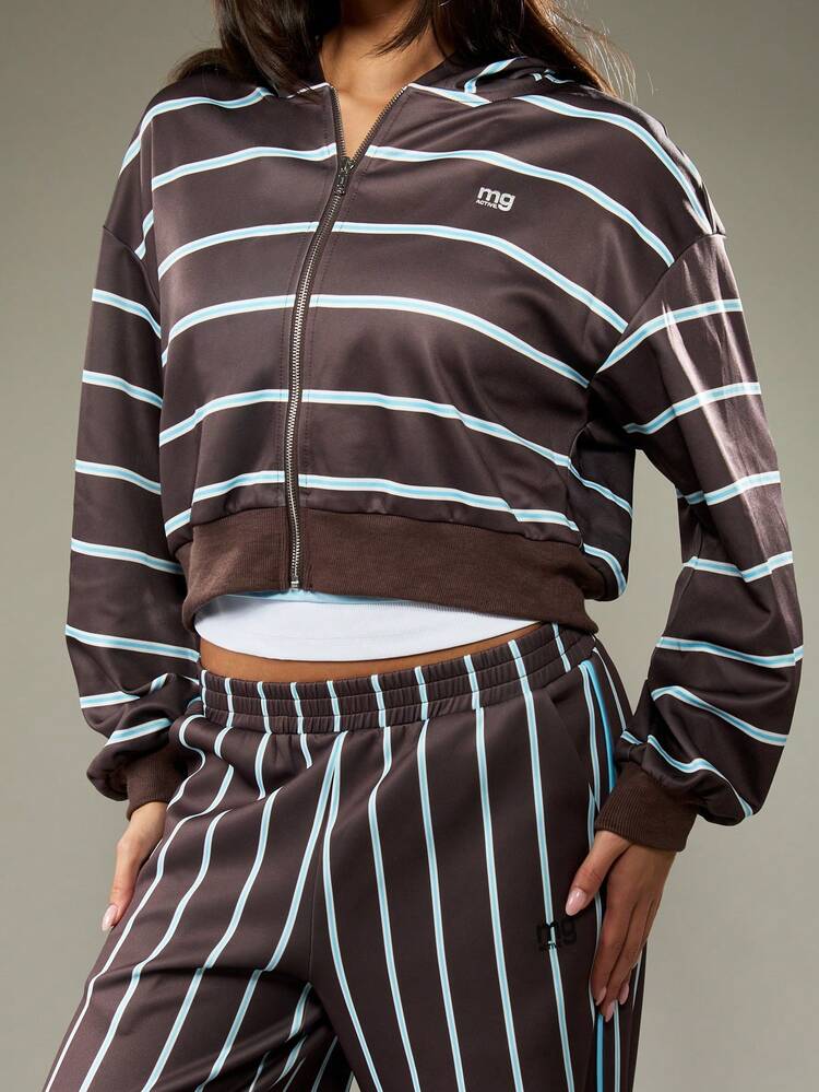 MISSGUIDED MG Logo Retro Striped Full Zip Cropped Hoodie Sweatshirt Casual Fall Winter Streetwear Hooded Jacket With Drawstring