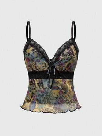 Fairycore Débardeur ajusté à lacets avec imprimé cachemire et dentelle contrastante, pour femmes, idéal pour les vacances d'été