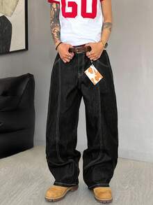 STEELVANCE 男士休闲时尚街头撞色缝线宽松阔腿牛仔裤，不含腰带，垃圾摇滚 - 黑色 - 查看 5