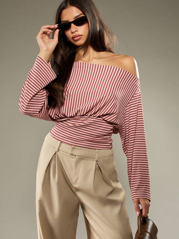 MISSGUIDED Off Shoulder Striped Long Sleeve Top Fitted Waist Soft Knit Fall Winter Fashion Draped Wide Neck Casual Evening Wear