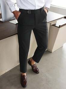 Calvornis 男士休闲商务纯色修身斜口袋西装裤 - 黑色 - 查看 3