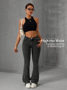 SHEIN Tall Damer Casual Mid-Wist Pocket Denim Skinny Flared Jeans - Grå - Visa 4