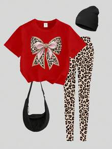 SHEIN 2pcs Outfit Set: Red Basic Summer T-Shirt Top With Bow Decor And Leopard Print Leggings, Suitable For Young Girl Cheetah Shirt And Pants - Multicolor - View 4